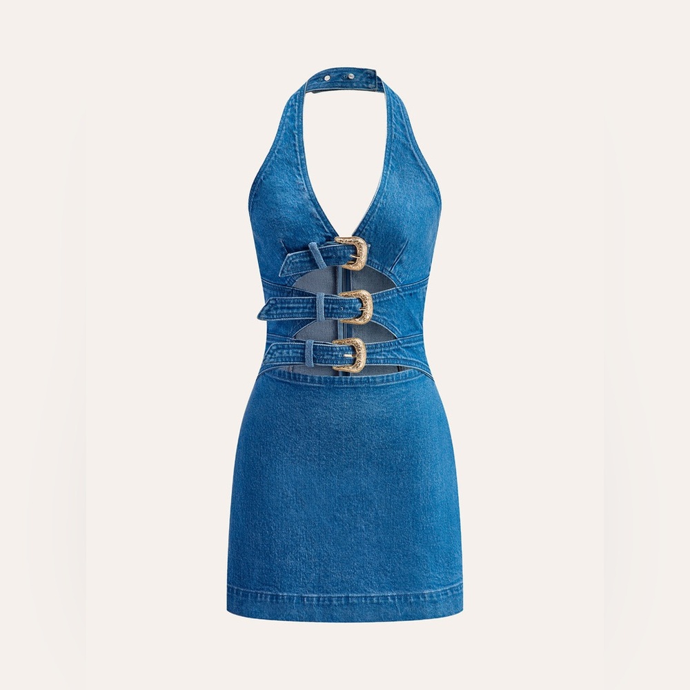 Commense Halter Neck Buckle Detail Denim Dress